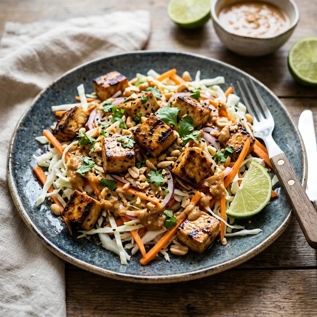 Salade de tofu grillé, chou et sauce cacahuète