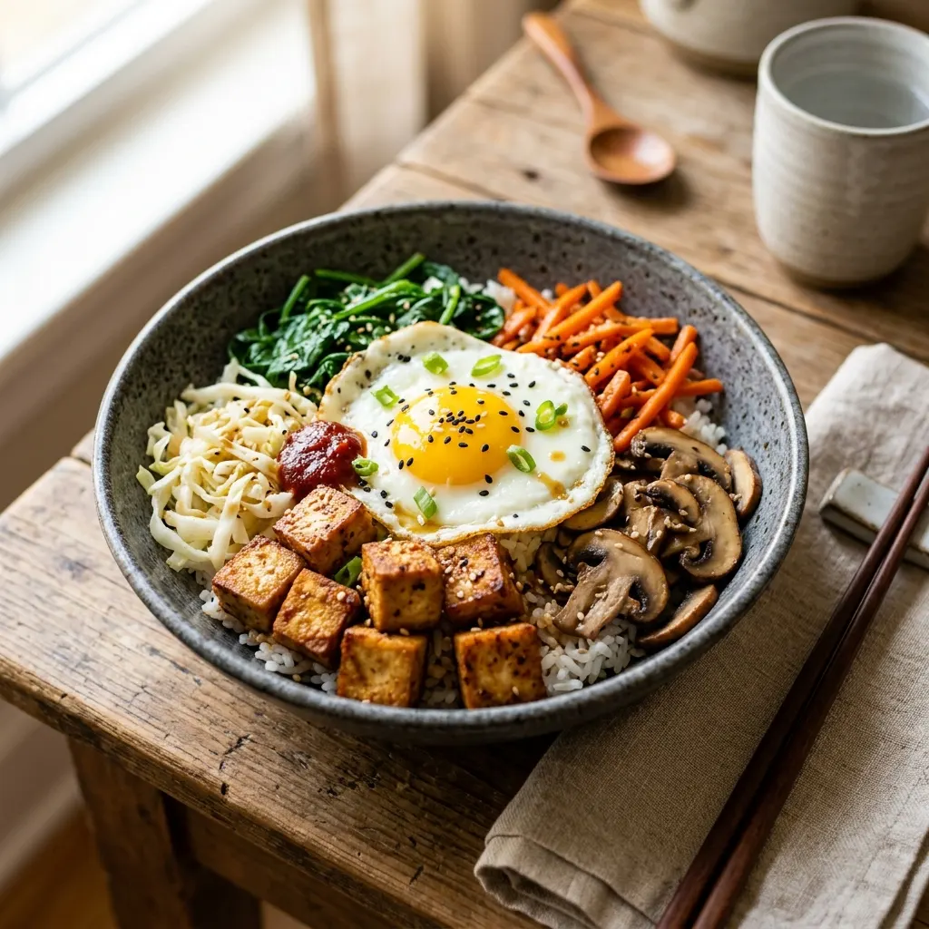 Bibimbap végétarien au tofu et œuf