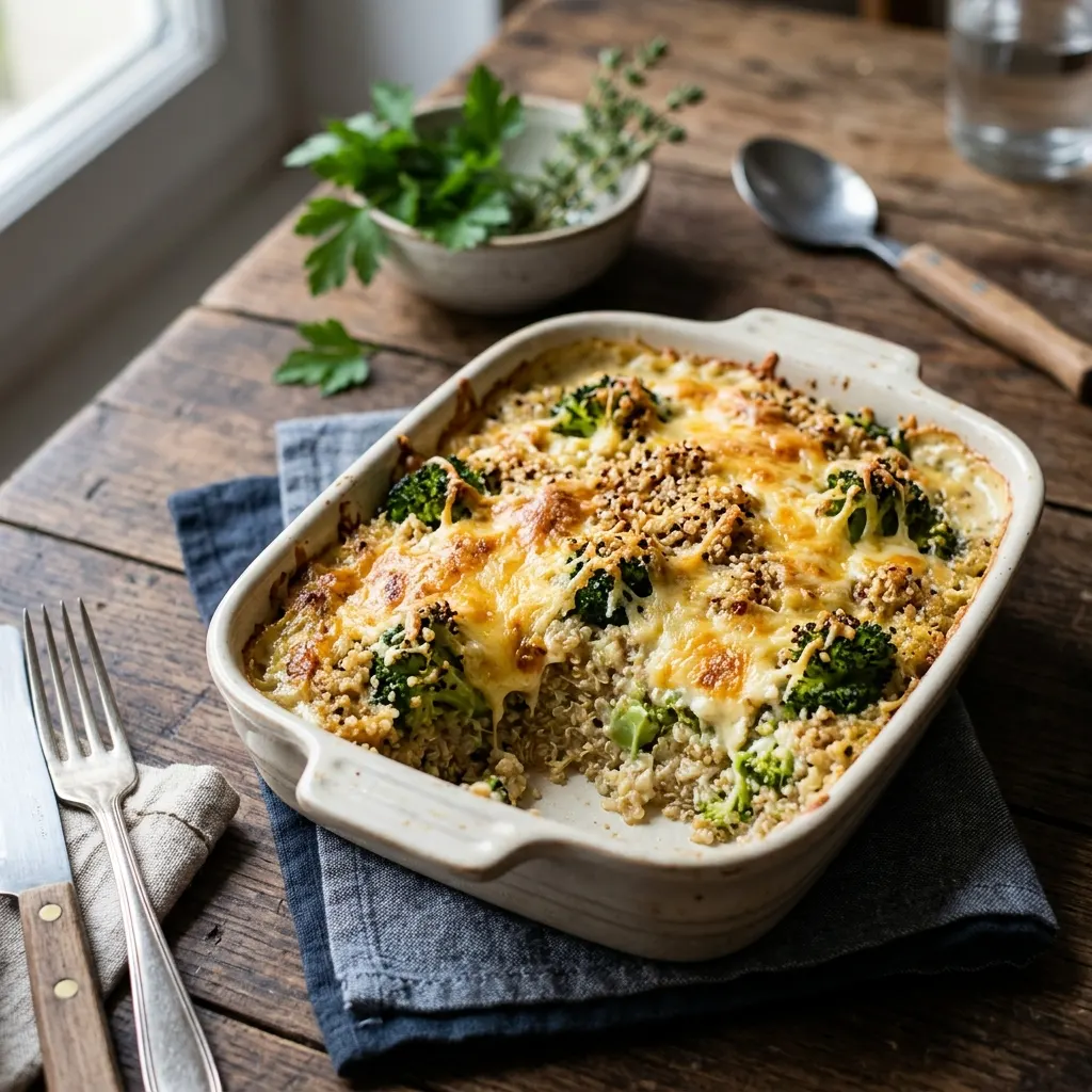 Gratin de quinoa, brocoli et cheddar