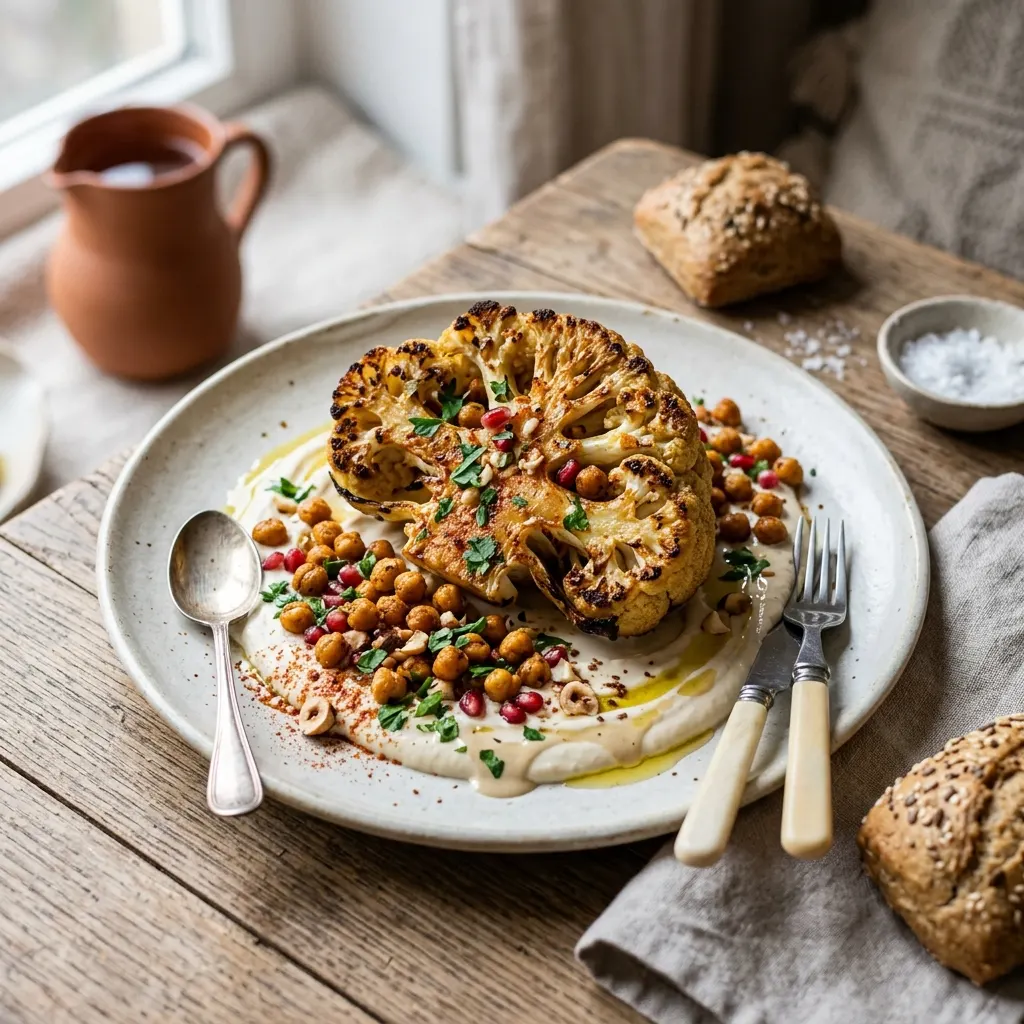 Chou-fleur rôti, pois chiches et sauce tahin