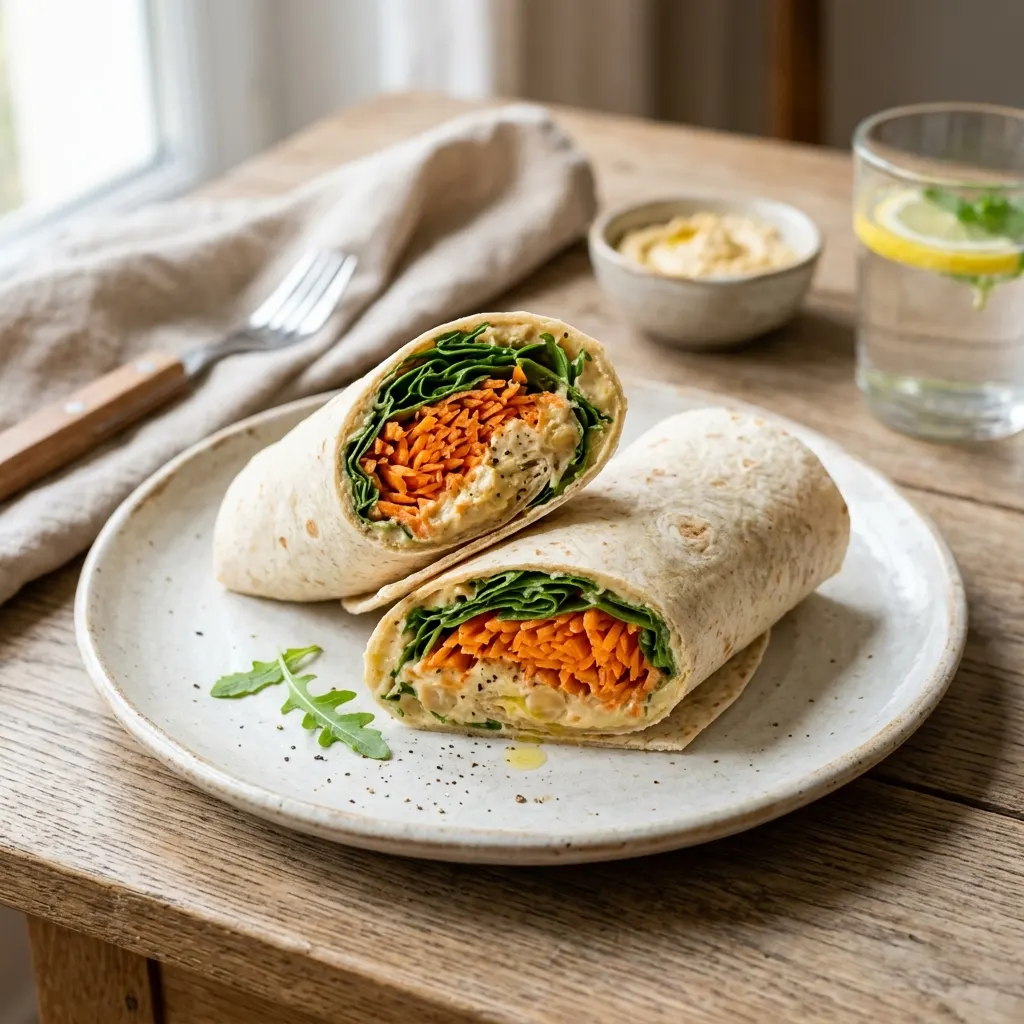 Wrap houmous, carottes râpées et roquette