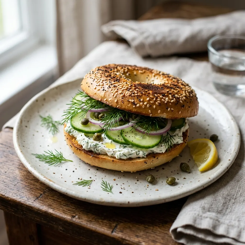 Bagel au fromage frais, concombre et aneth