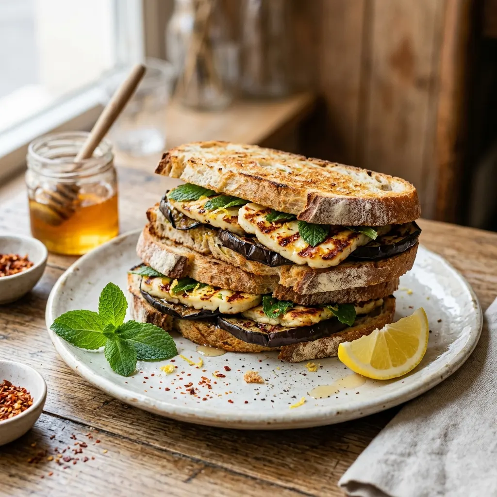 Sandwich aubergine grillée et halloumi