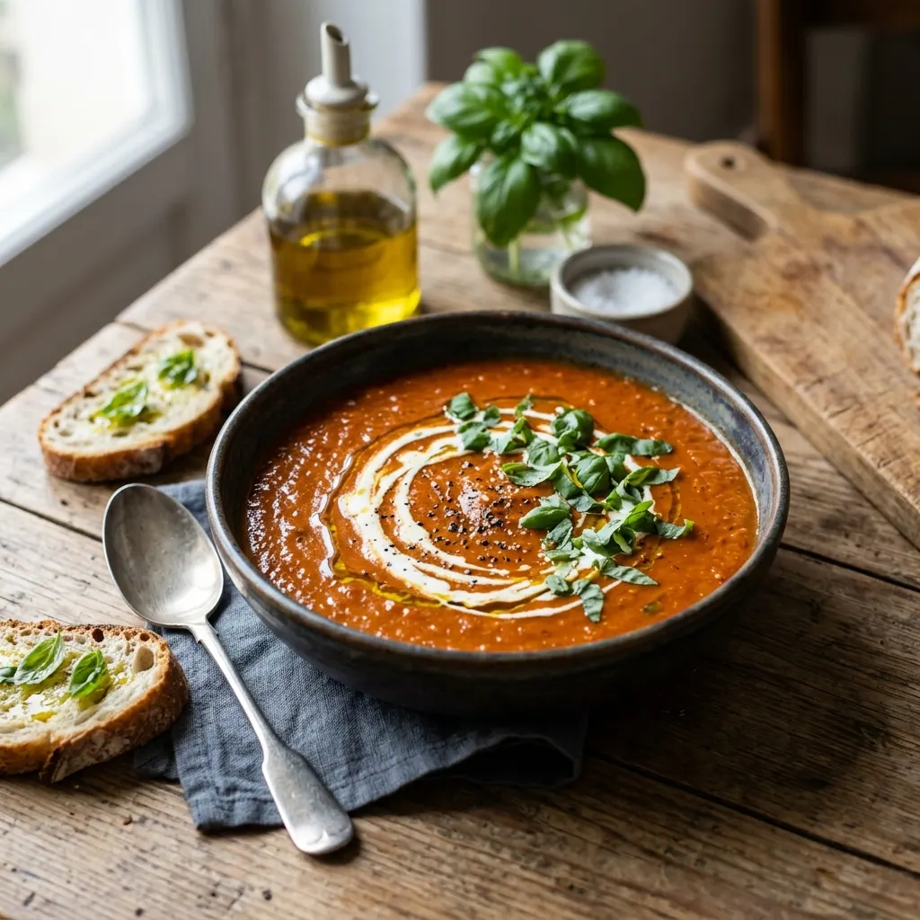 Soupe de tomates rôties au basilic