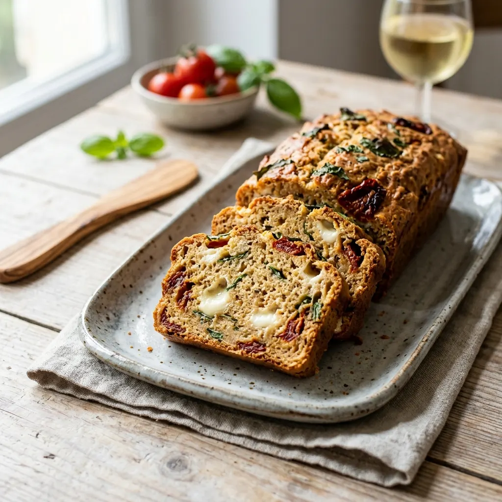 Cake aux tomates séchées, mozzarella et basilic