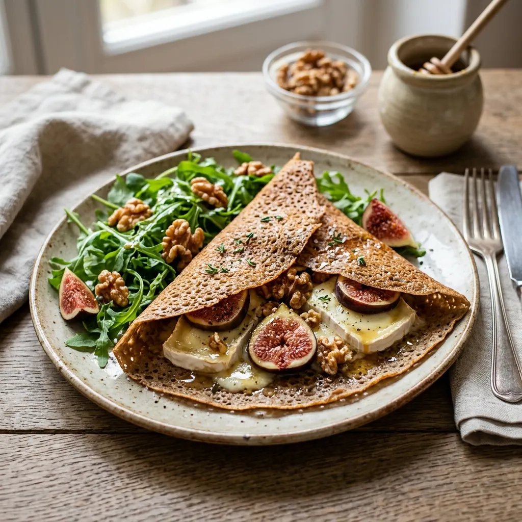 Galettes bretonnes au chèvre chaud, figue, thym, miel et noix