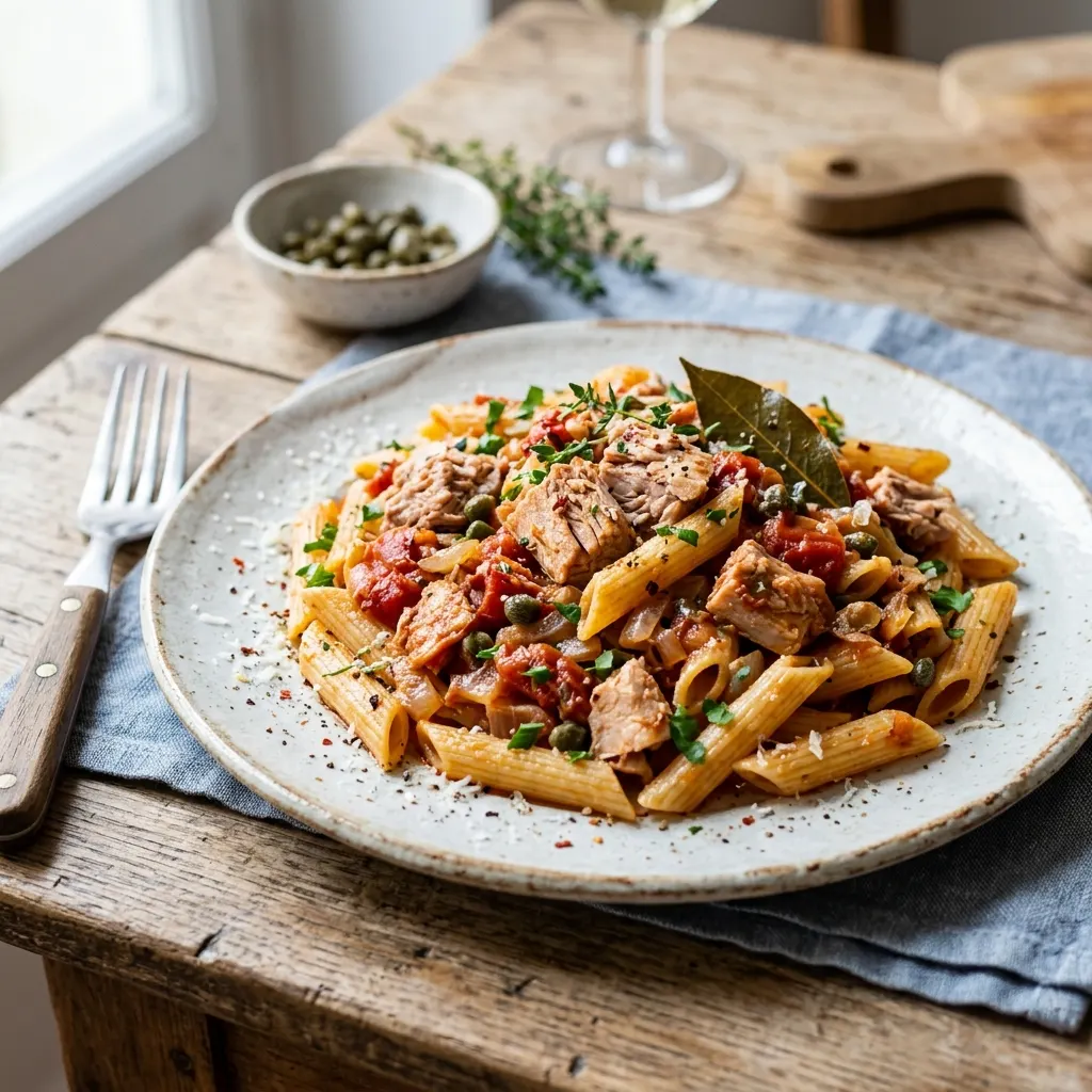 Pâtes au thon blanc, tomate et laurier