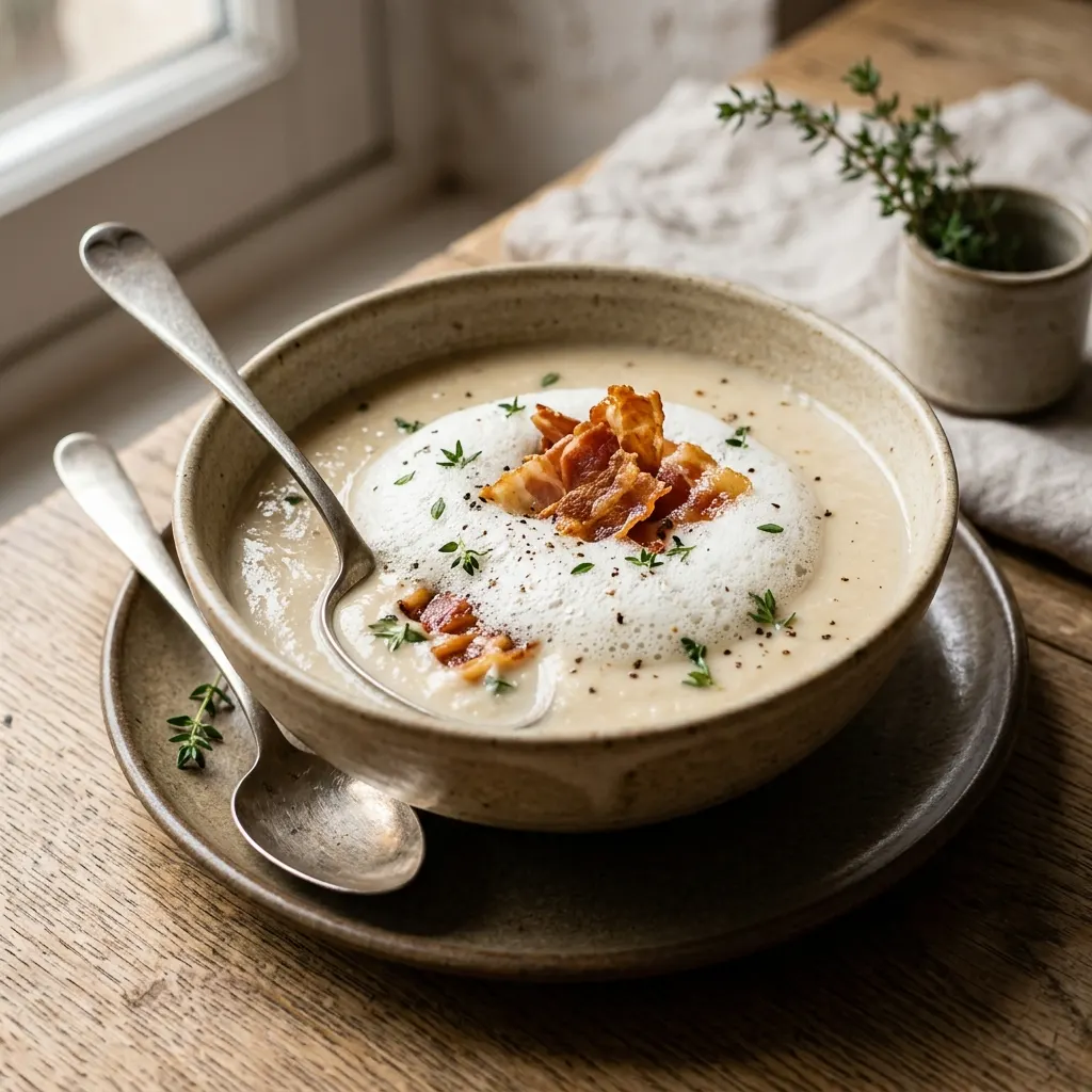 Velouté de haricots au nuage de thym et chips de Pancetta