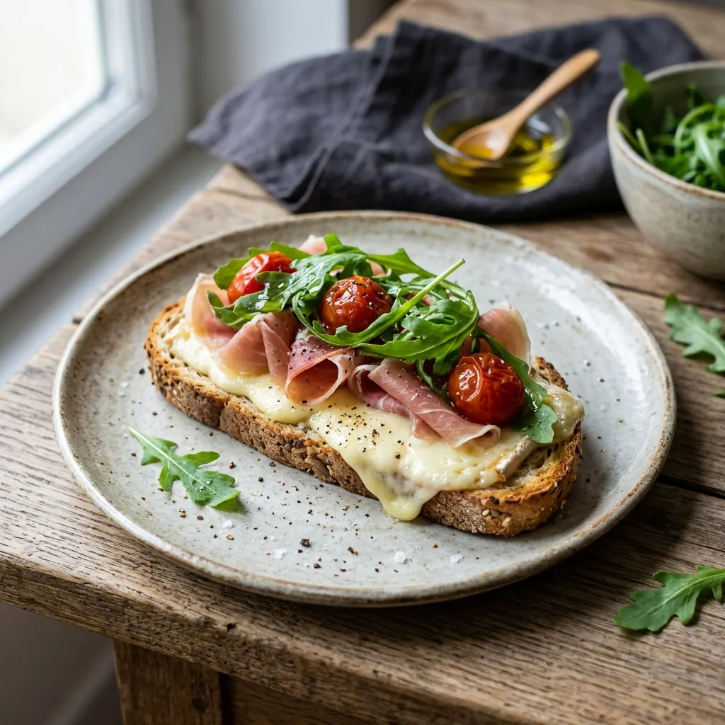 Tartine au reblochon, jambon cru et roquette