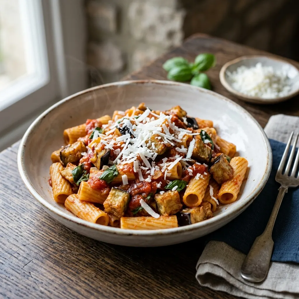 Rigatoni alla Norma (rigatoni catanais aux aubergines frites et à la ricotta salata)