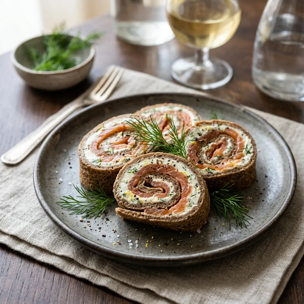 Roulé de crèpes sarrasin au saumon fumé et aneth