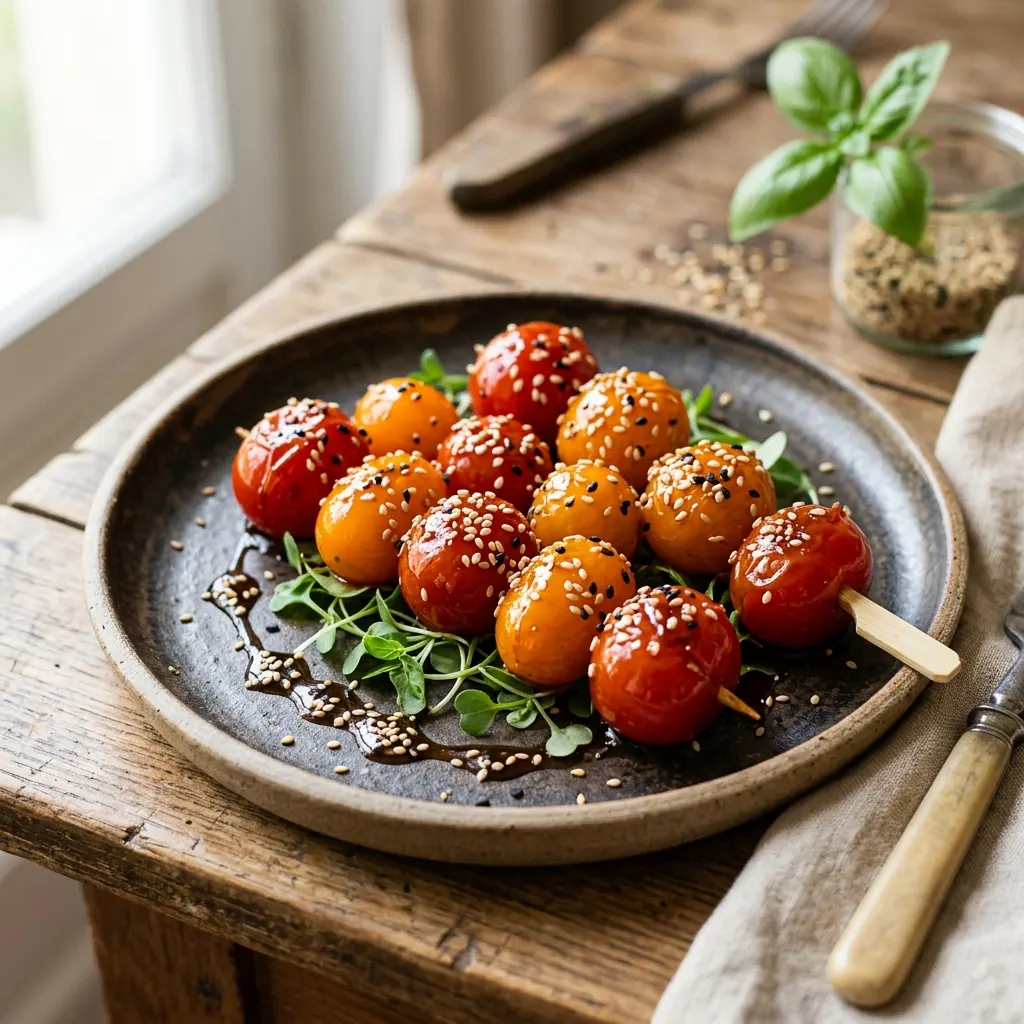 Tomates cerises caramélisées et graines de sésame
