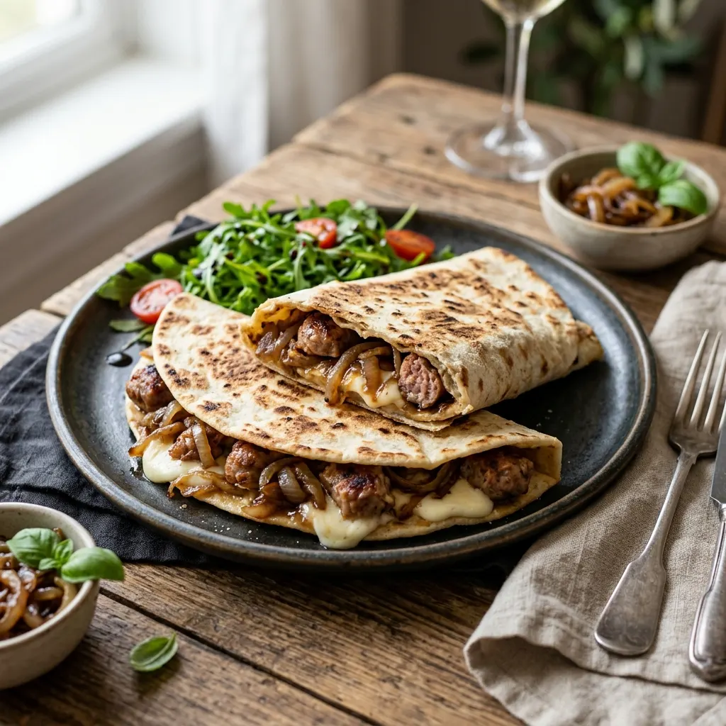 Piadina salsiccia e cipolla (piadina à la saucisse italienne et aux oignons fondus)