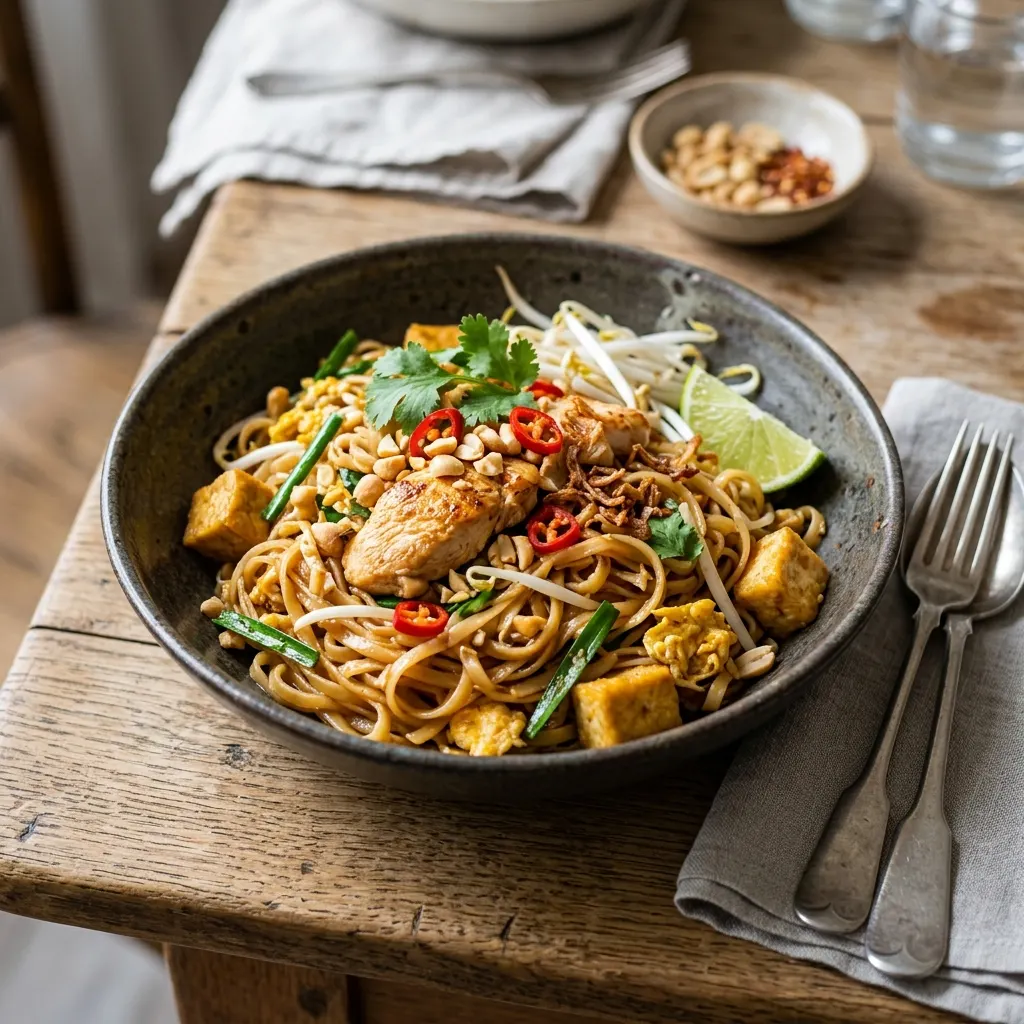 Phad thai (nouilles de riz sautées au poulet et aux cacahuètes)