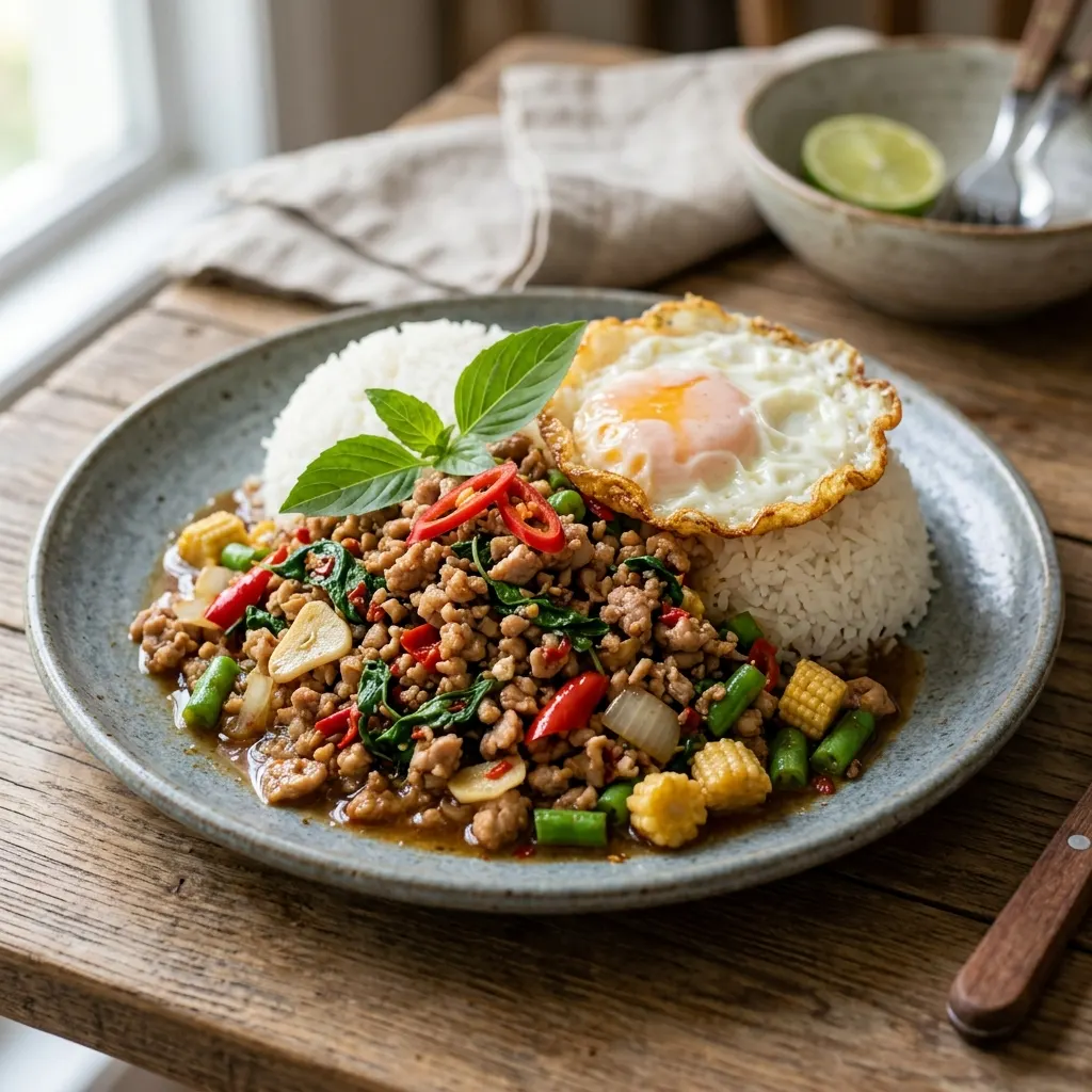 Pat kra phao (porc haché sauté au basilic sacré)