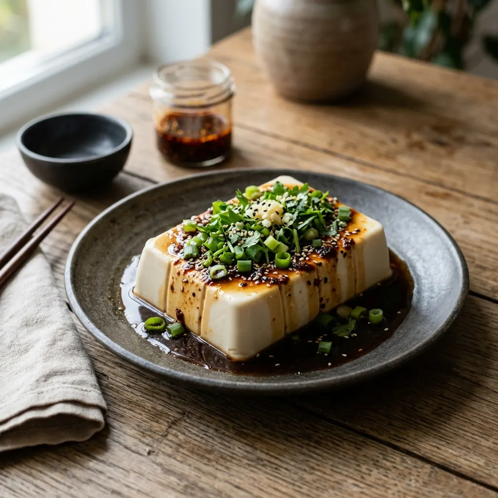 Liangban doufu (tofu soyeux froid à la sauce soja et à l'huile de sésame)