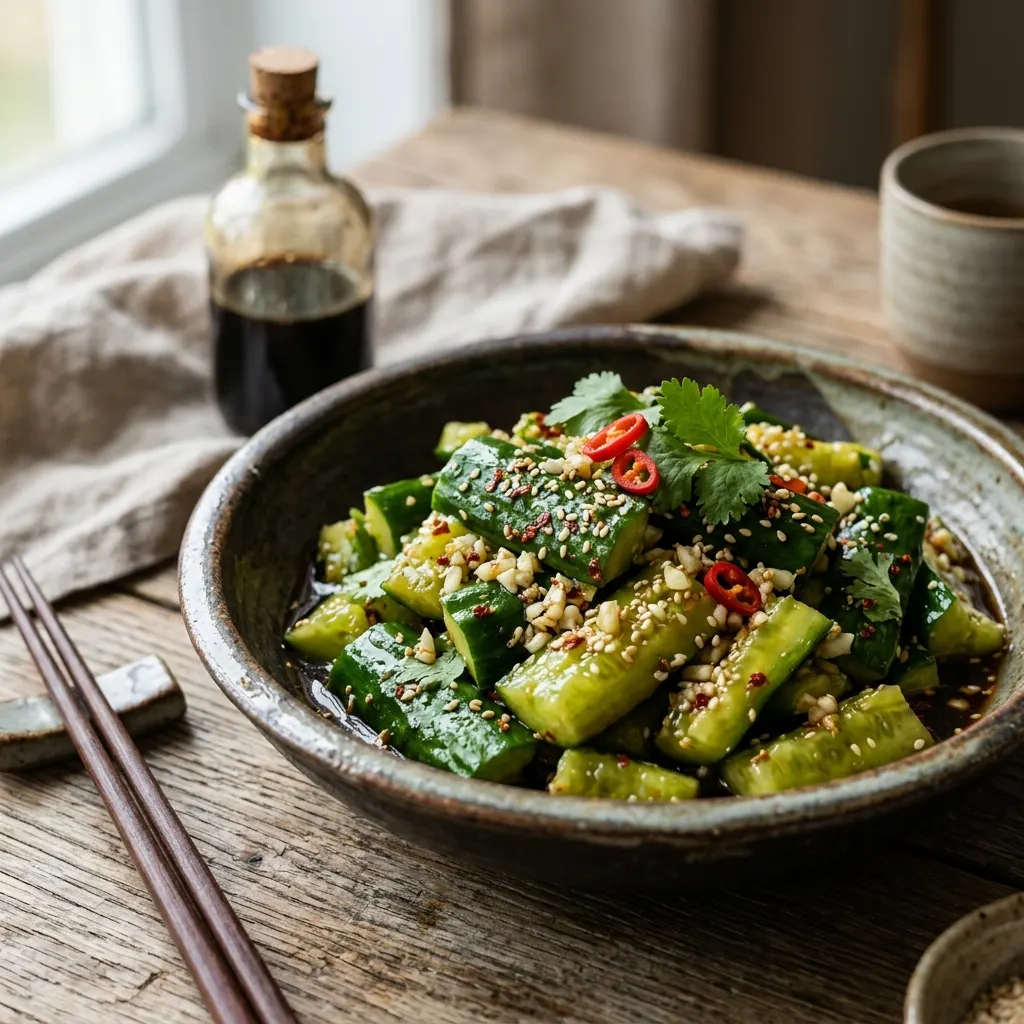 Pai huang gua (concombre écrasé à l'ail et au vinaigre noir)