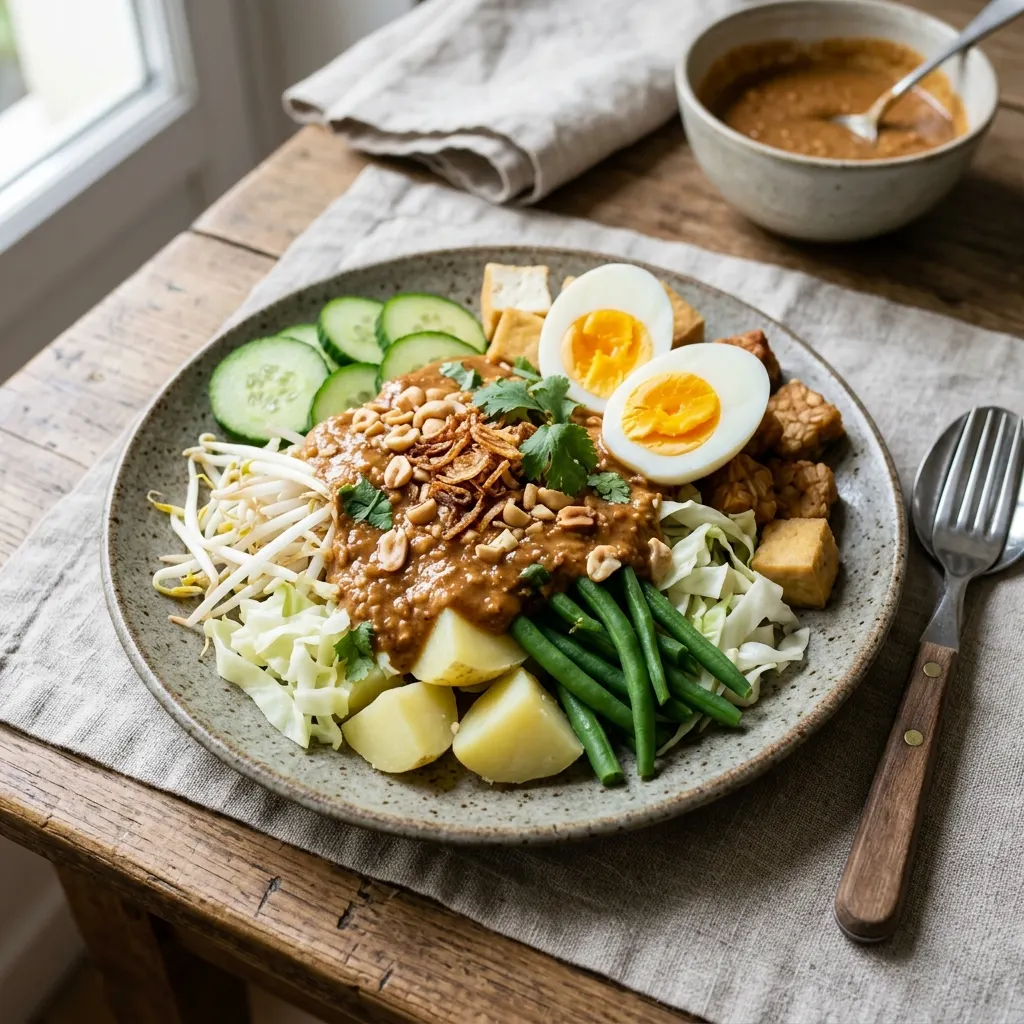 Gado-gado express (légumes vapeur, œuf et sauce cacahuète)