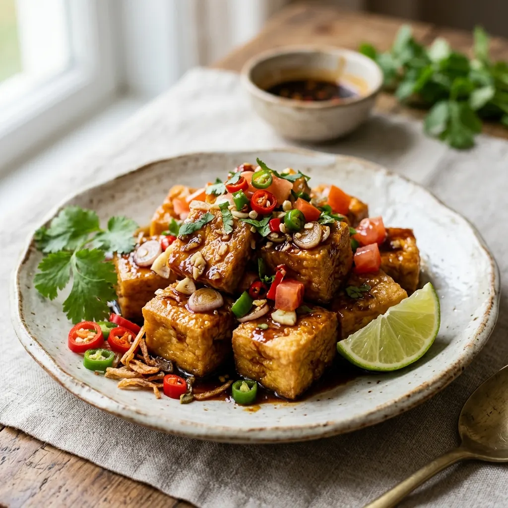 Tahu goreng kecap (tofu frit à la sauce soja sucrée)