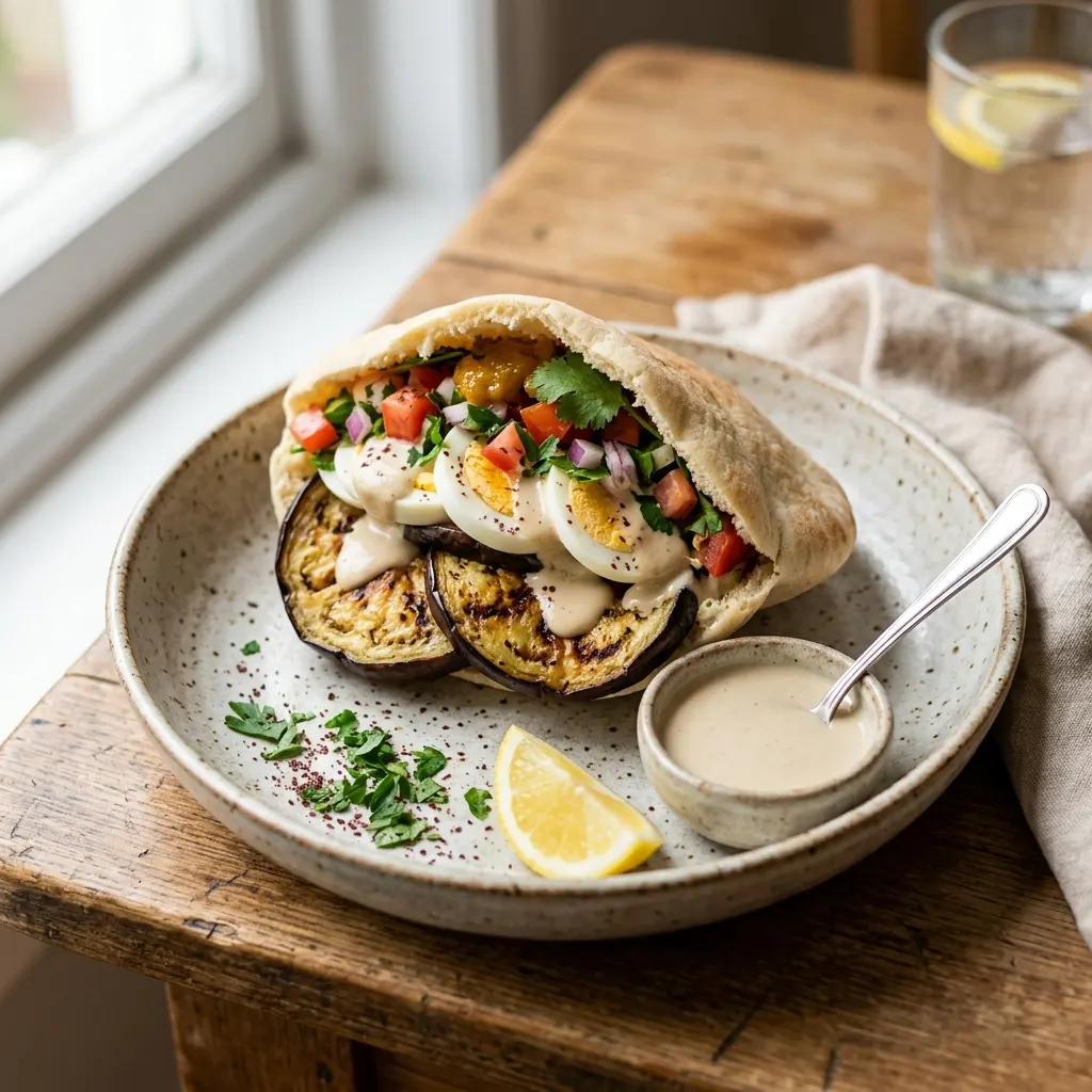 Sabich express (pita à l'aubergine grillée, œuf dur et tahin)