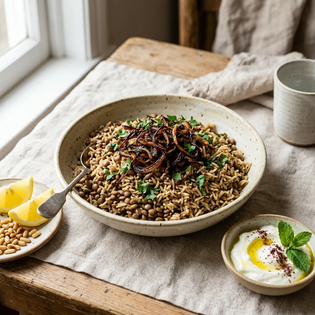 Mujaddara (riz aux lentilles et oignons frits)